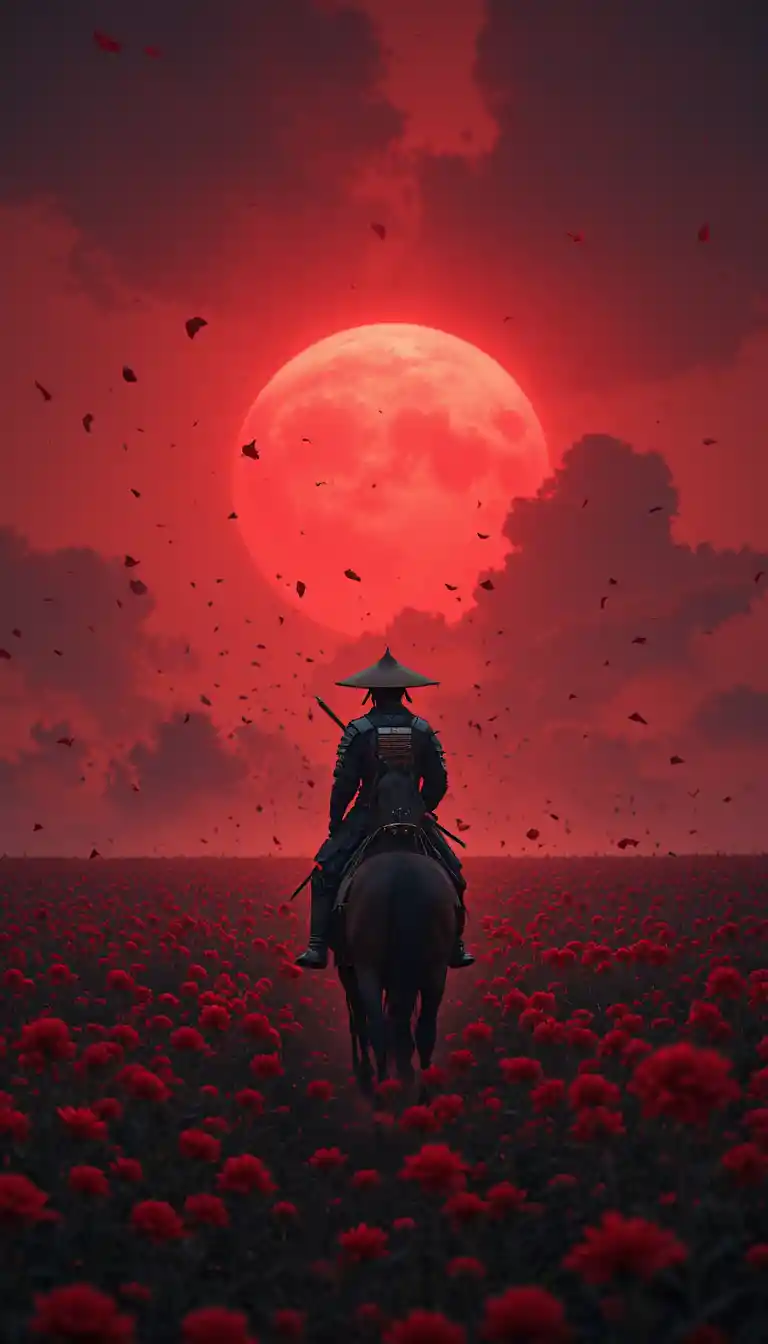 노을 속 붉은 꽃밭을 가로지르는 외로운 사무라이