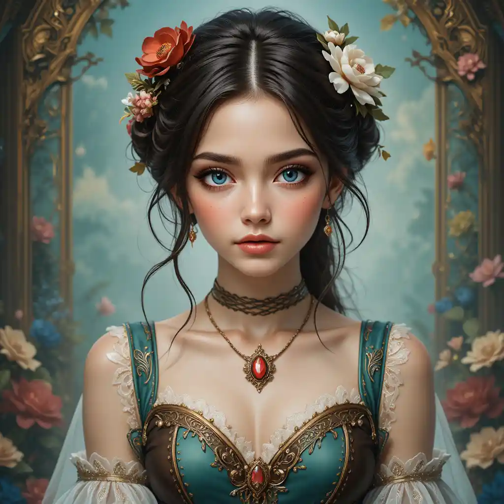 Young fantasy girl in teal and brown dress facing viewer