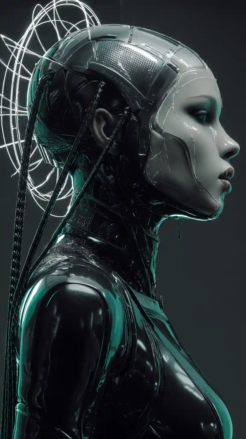 Afrofuturistic android oracle in glossy black latex profile