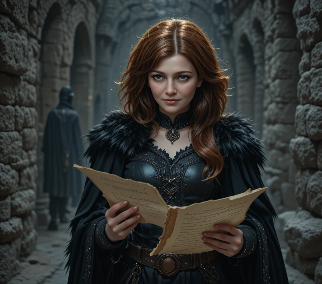 Red haired assassin woman reading a letter in dungeon