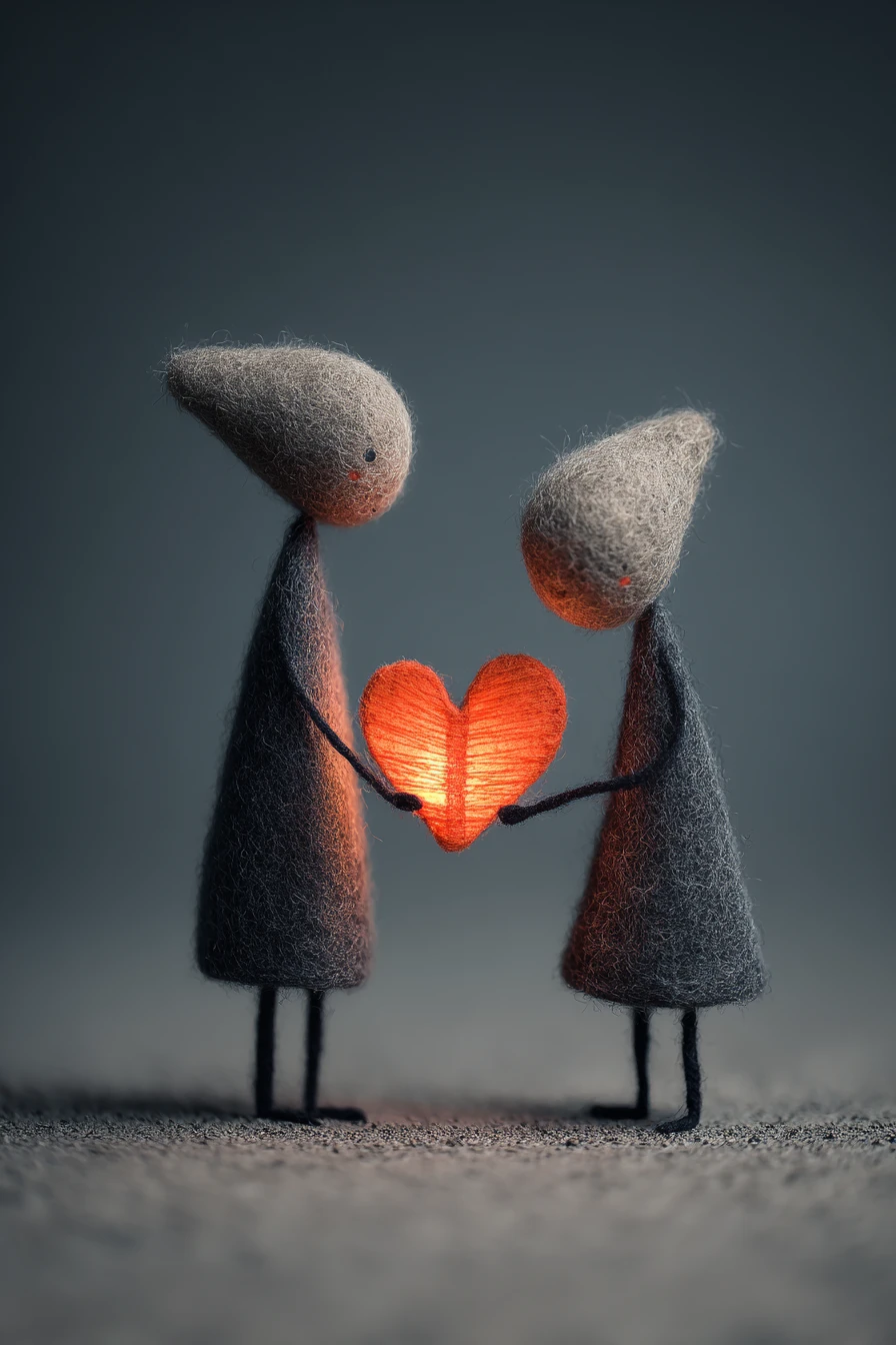 Heartbroken couple with torn glowing heart in minimal linocut style