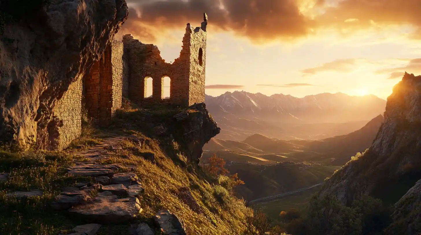 Antigua ruina de castillo de piedra en un dramático acantilado al atardecer
