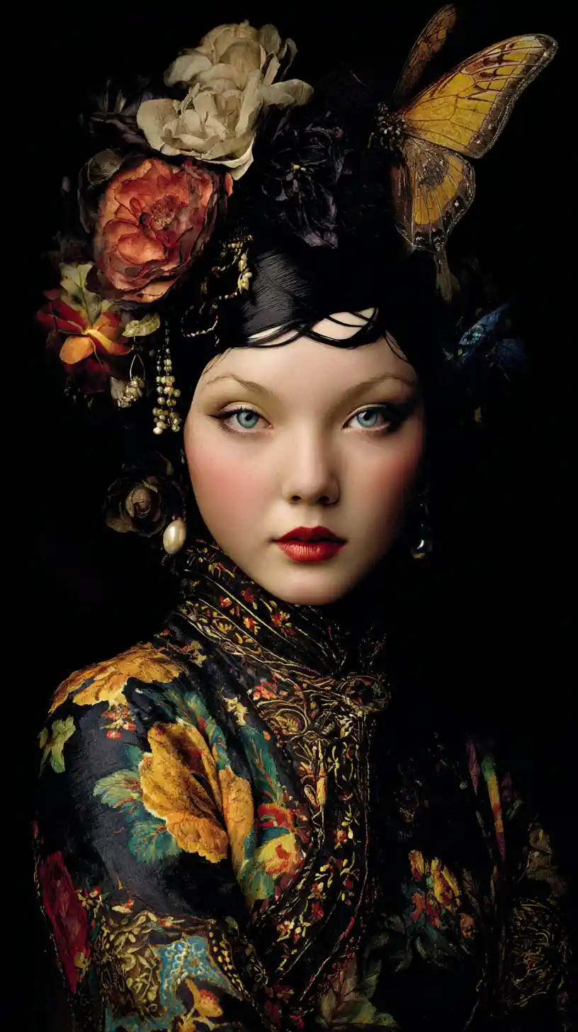 Dramatic Madam Butterfly Portrait On Dark Theater Stage