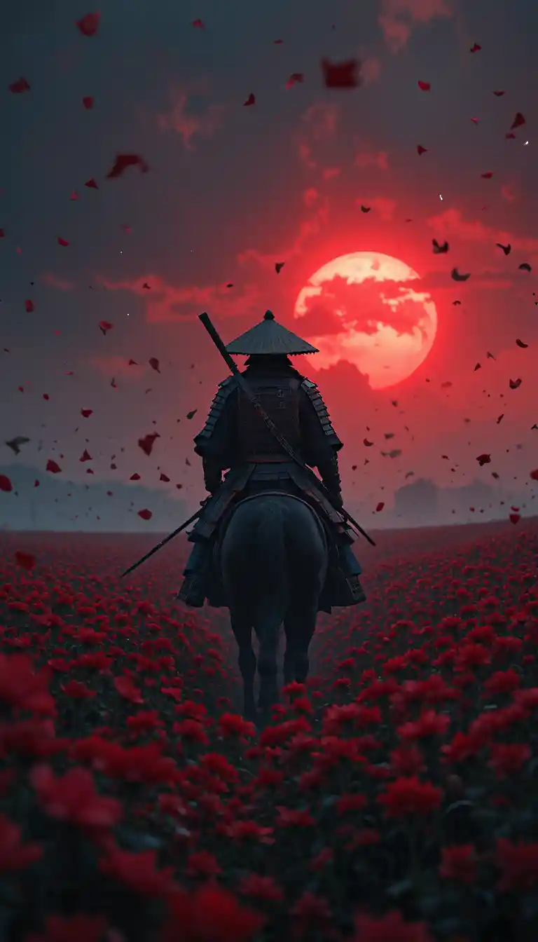Lone samurai riding through red flower field at sunset