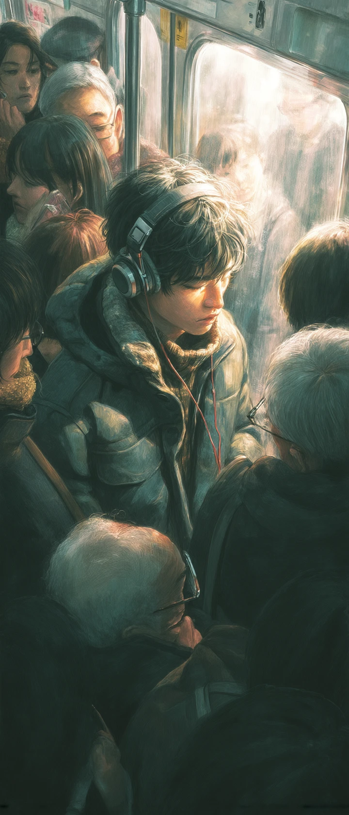 Teenage boy shielding elderly stranger in crowded subway car