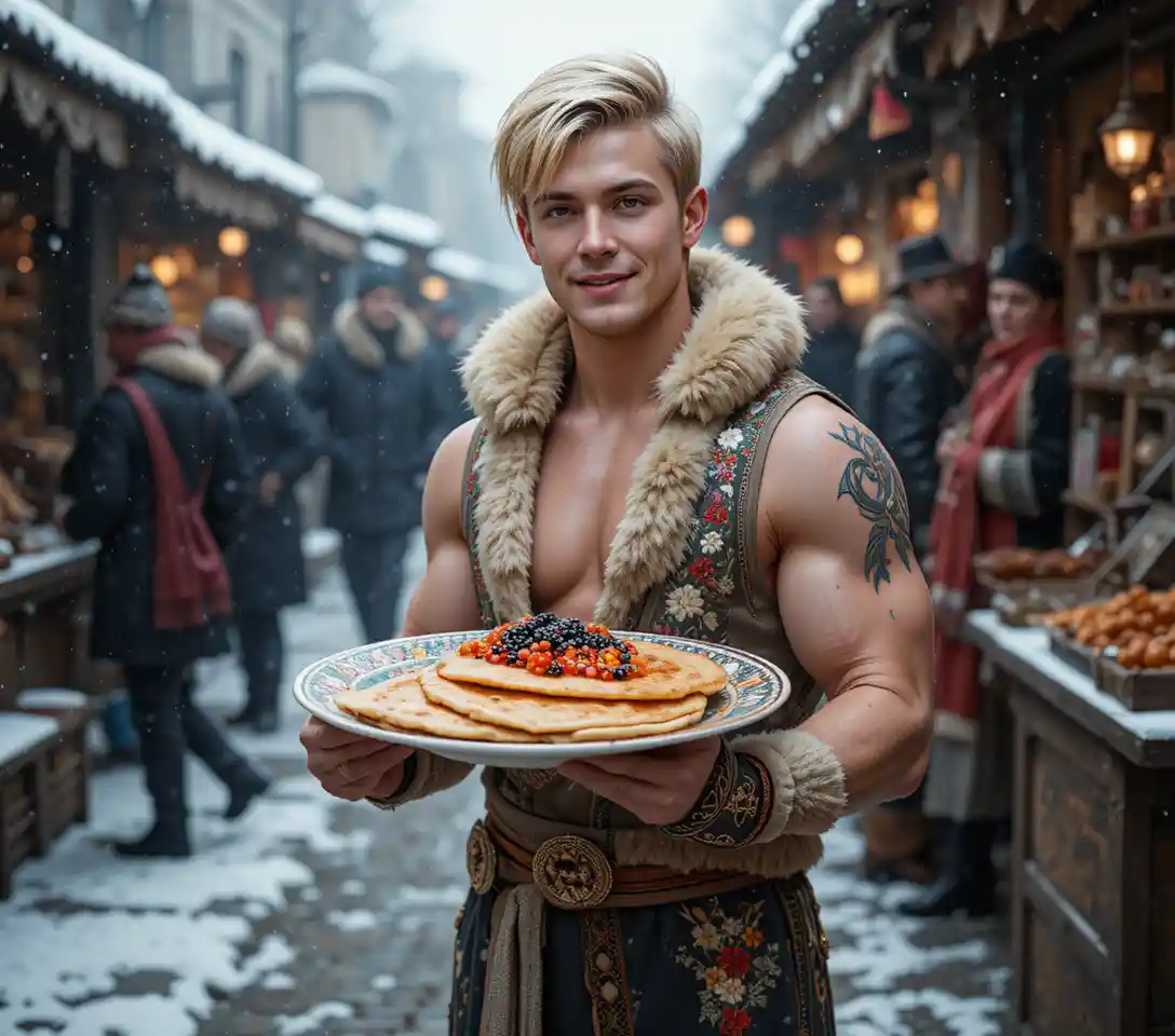 Giovane biondo sorridente in costume folcloristico invernale al mercato