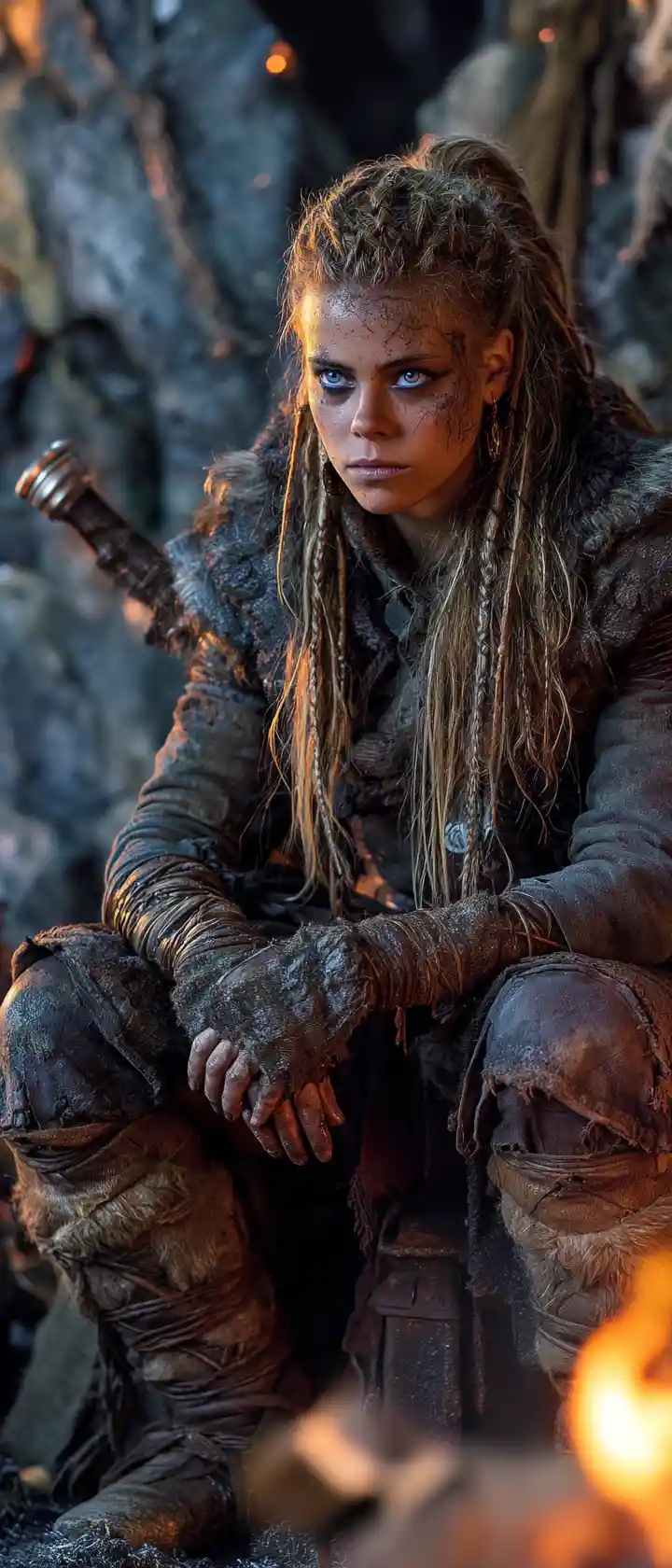 Viking warrior woman resting with sword in a cave