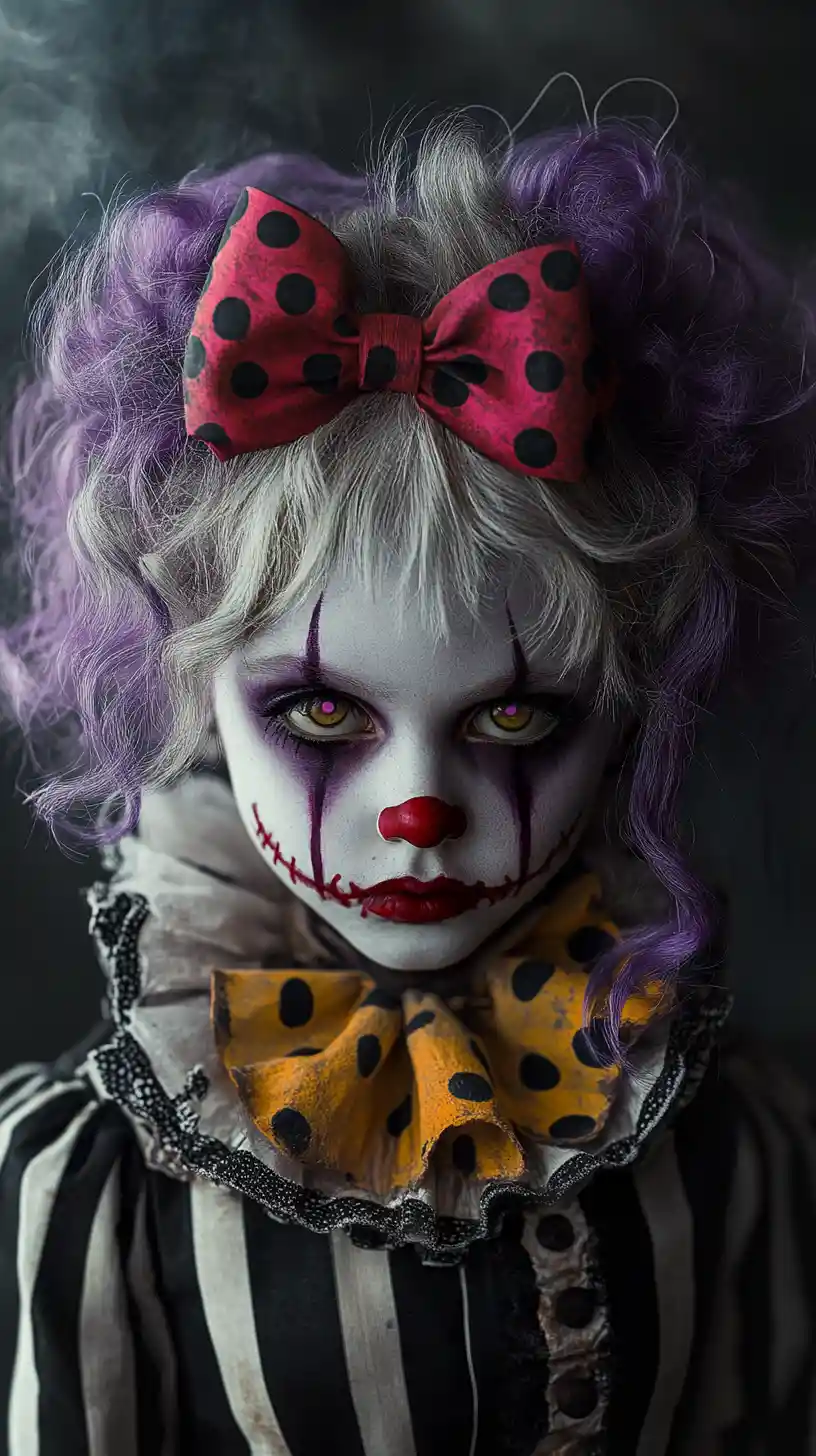 Giovane ragazza clown con trucco viola colante nel fumo