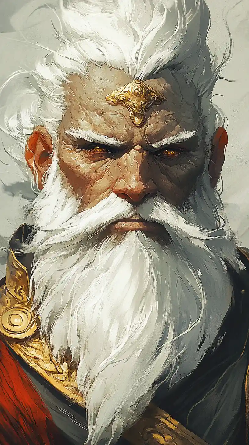 Elder fantasy mage standing with calm divine authority