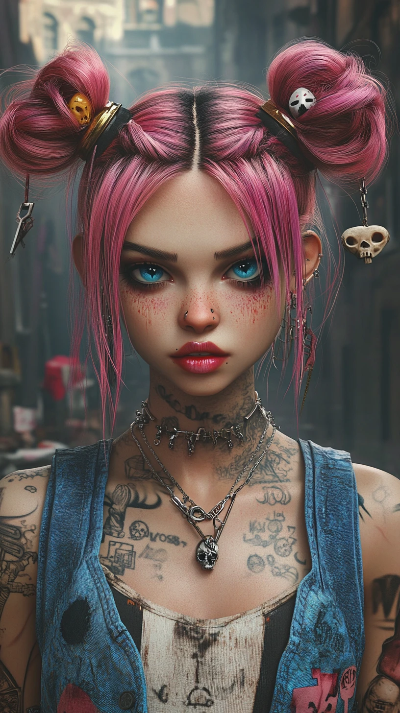 Pixar-Stil Punk-Goth-Frau mit Tattoos auf dem Friedhof