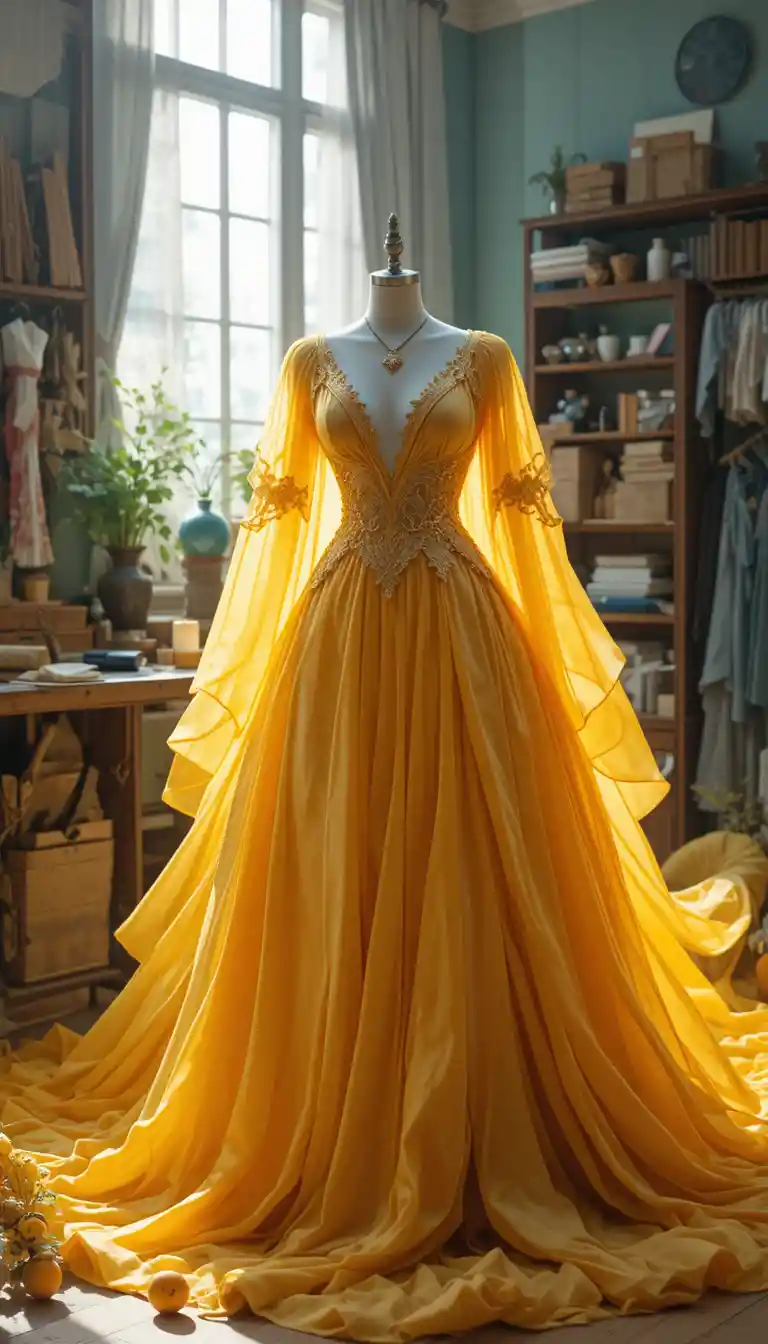 Abito da designer color ambra su manichino in atelier di cucito