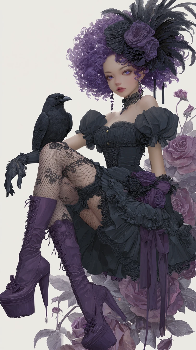 Gothic anime girl with raven in a dark rose garden