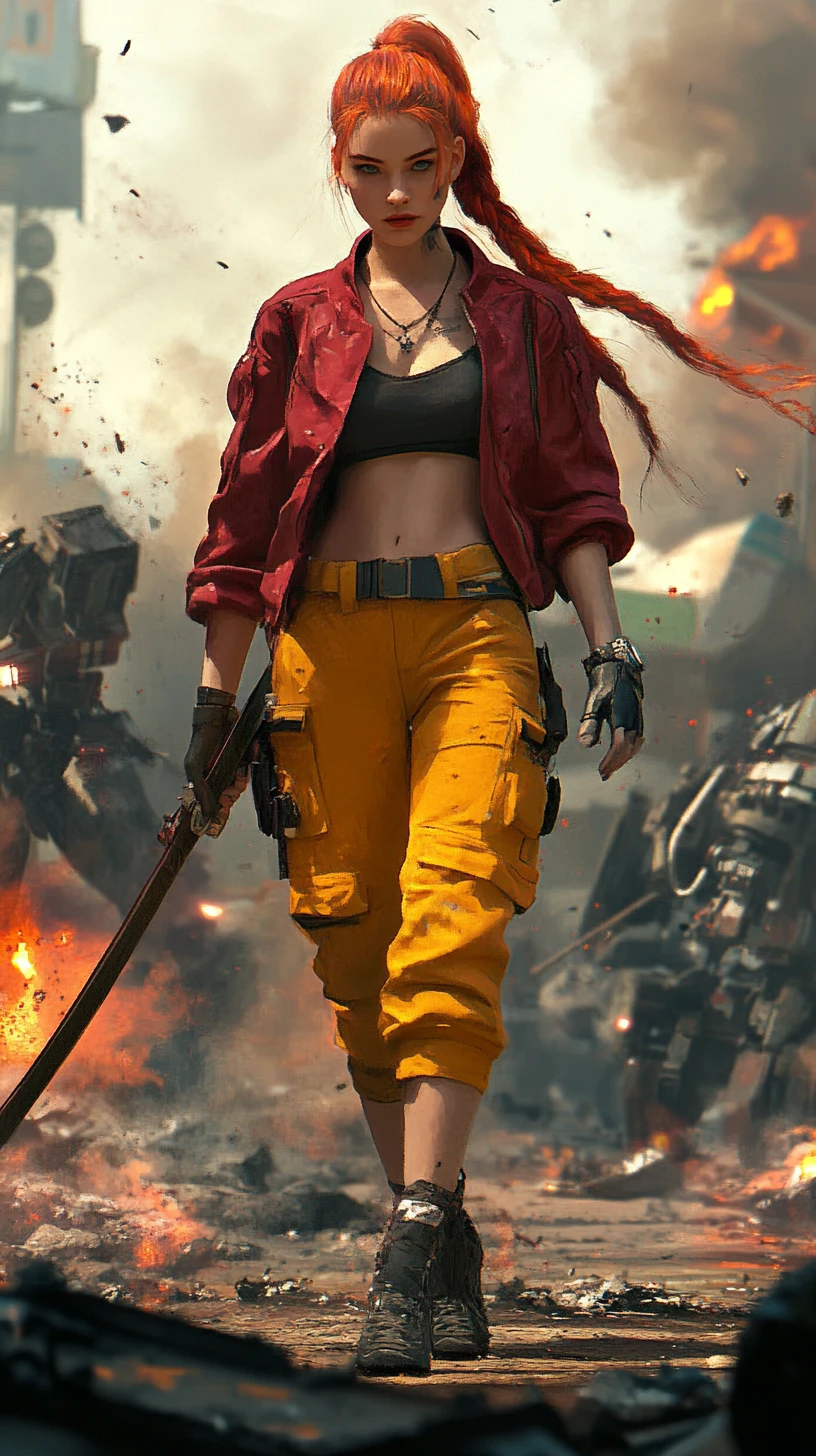 Red haired cyberpunk warrior woman on robot strewn battlefield