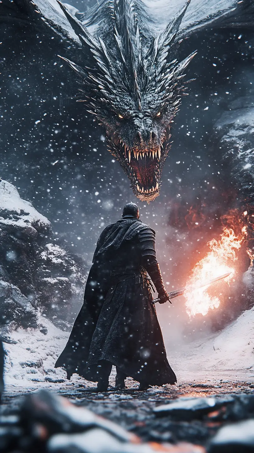 Medieval warrior with burning sword enters dragon cave