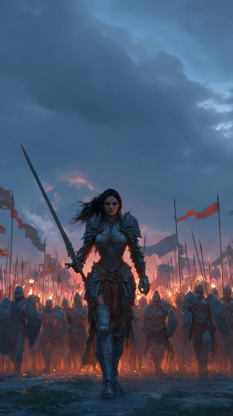 Fierce female warlord leading her army at twilight