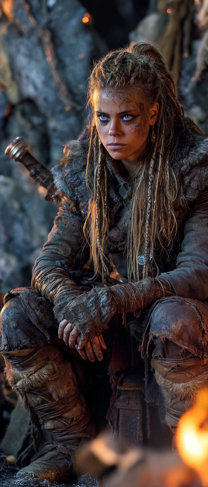 Viking warrior woman resting with sword in a cave