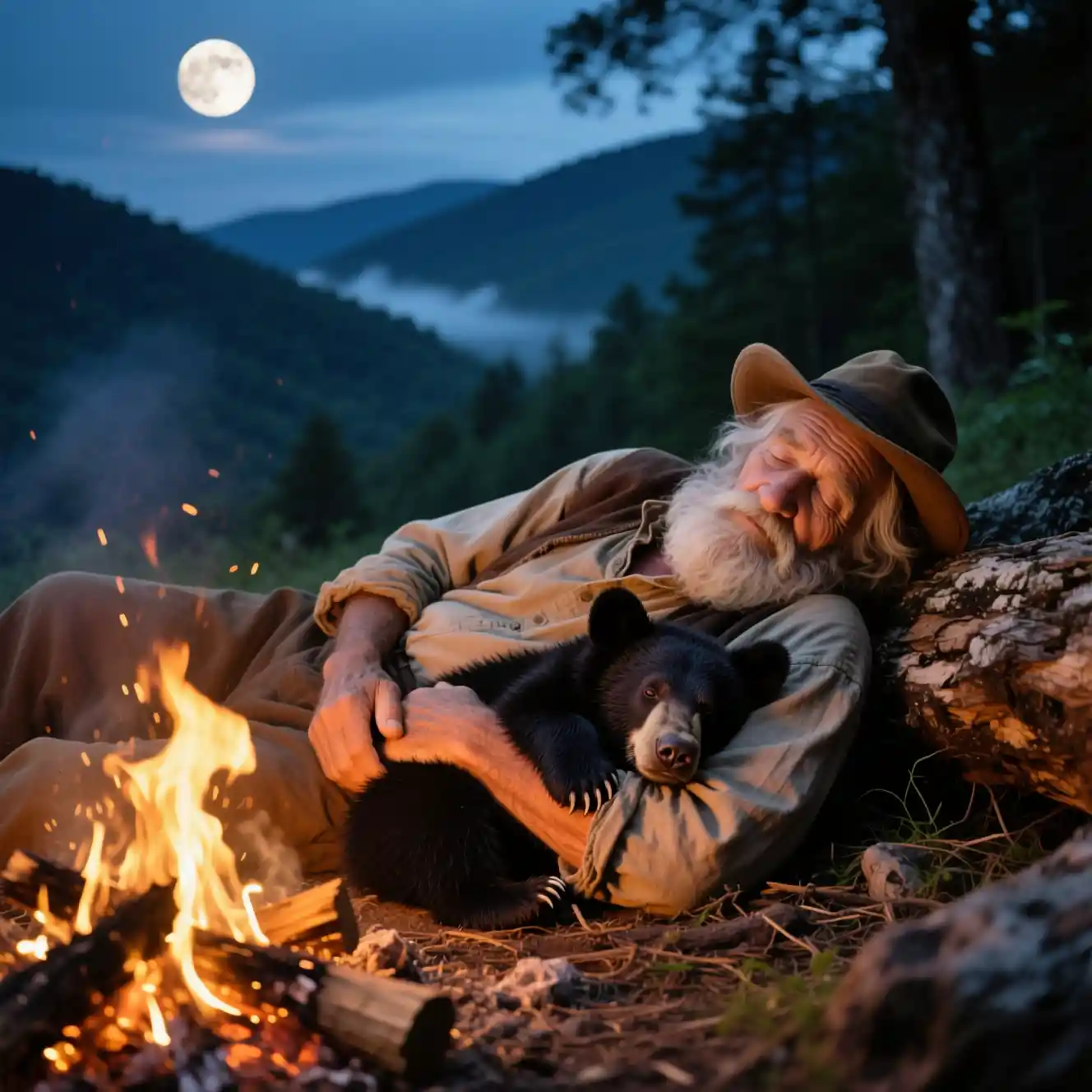 Viejo campista durmiendo junto al fuego con un osezno por la noche