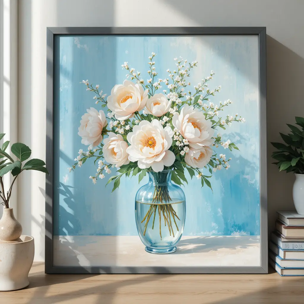 Framed still life of white peonies in glass vase