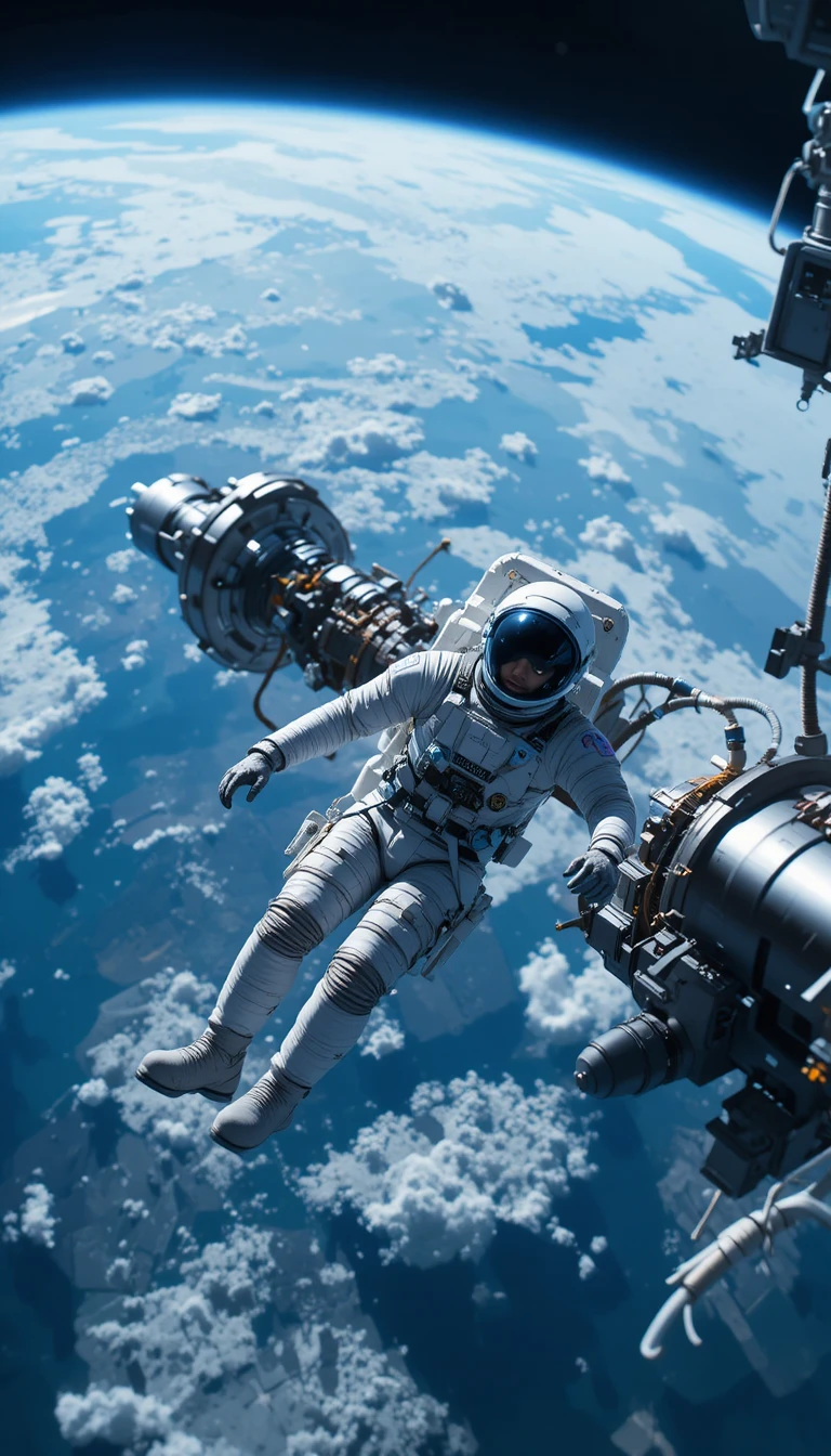 Estación espacial en órbita de un planeta azul con cosmonauta flotando