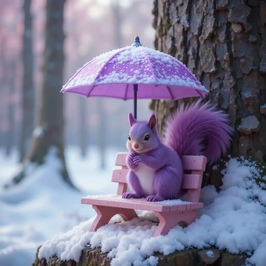 Purple squirrel on snowy picnic bench under umbrella