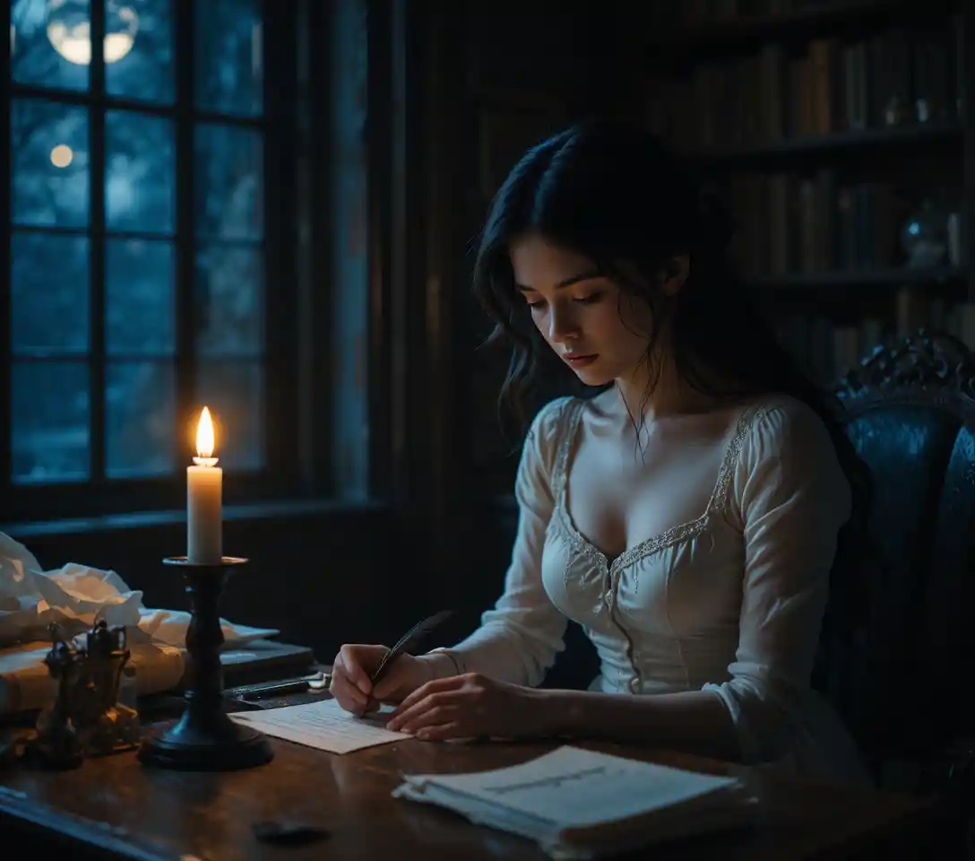 Young woman writing a letter by candlelight at night