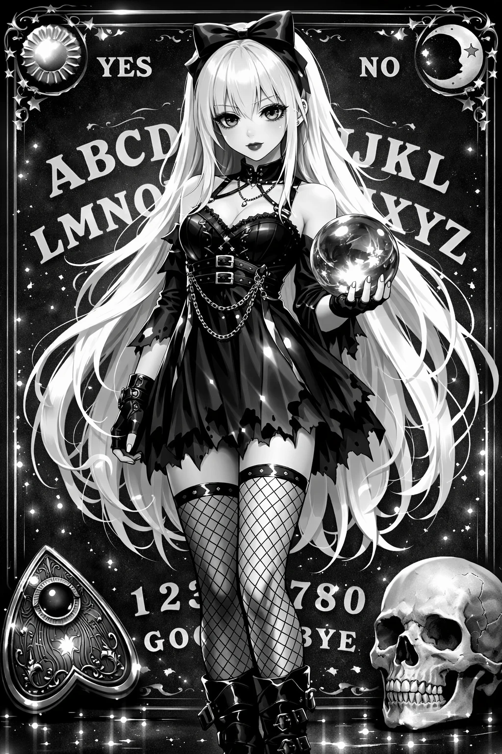 Mulher gótica de anime segurando uma bola de cristal na fumaça