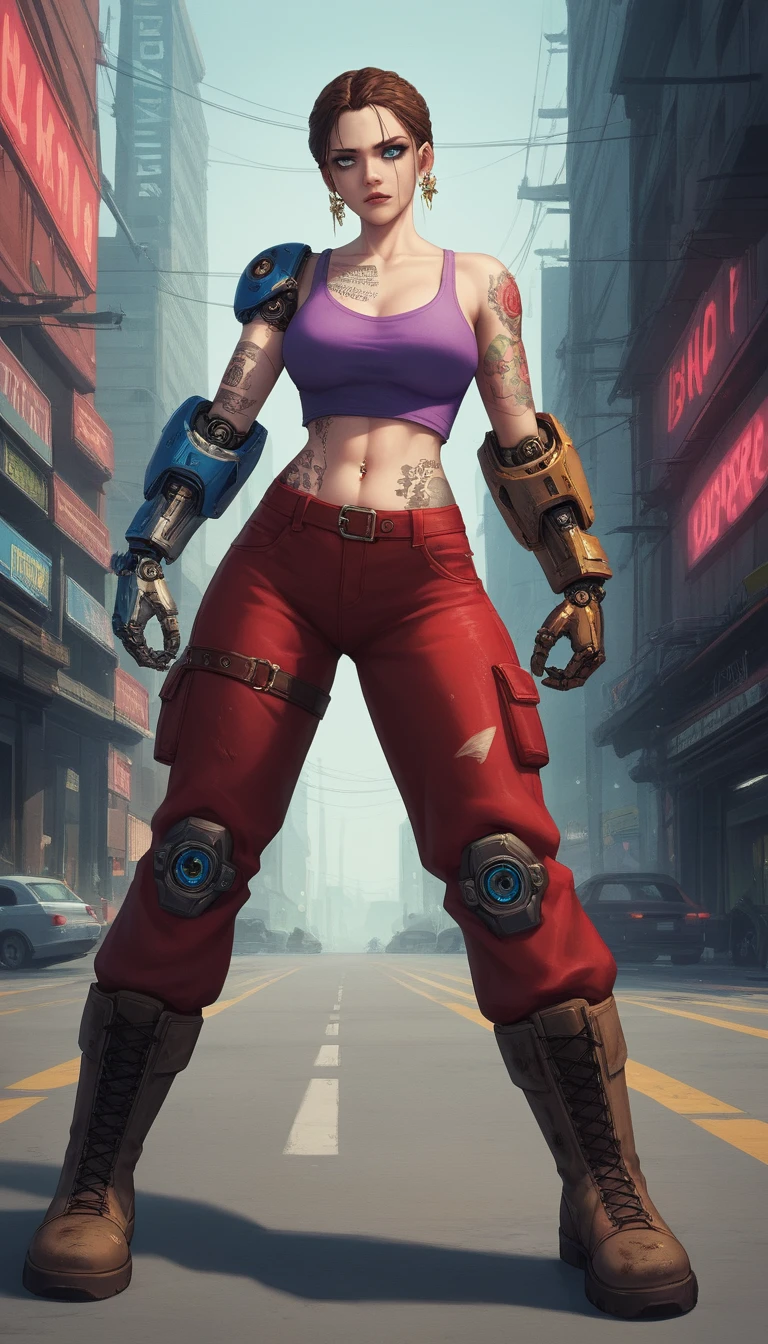 Guerriera cyberpunk sconfitta in una strada steampunk