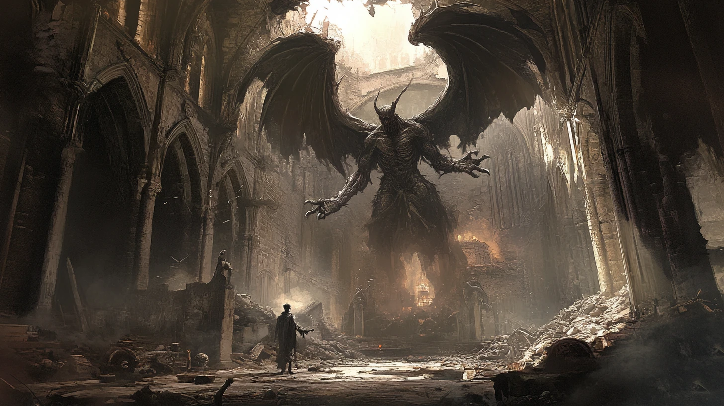 Demon Reaching For A Heavenly Angel In Ruined Cathedral