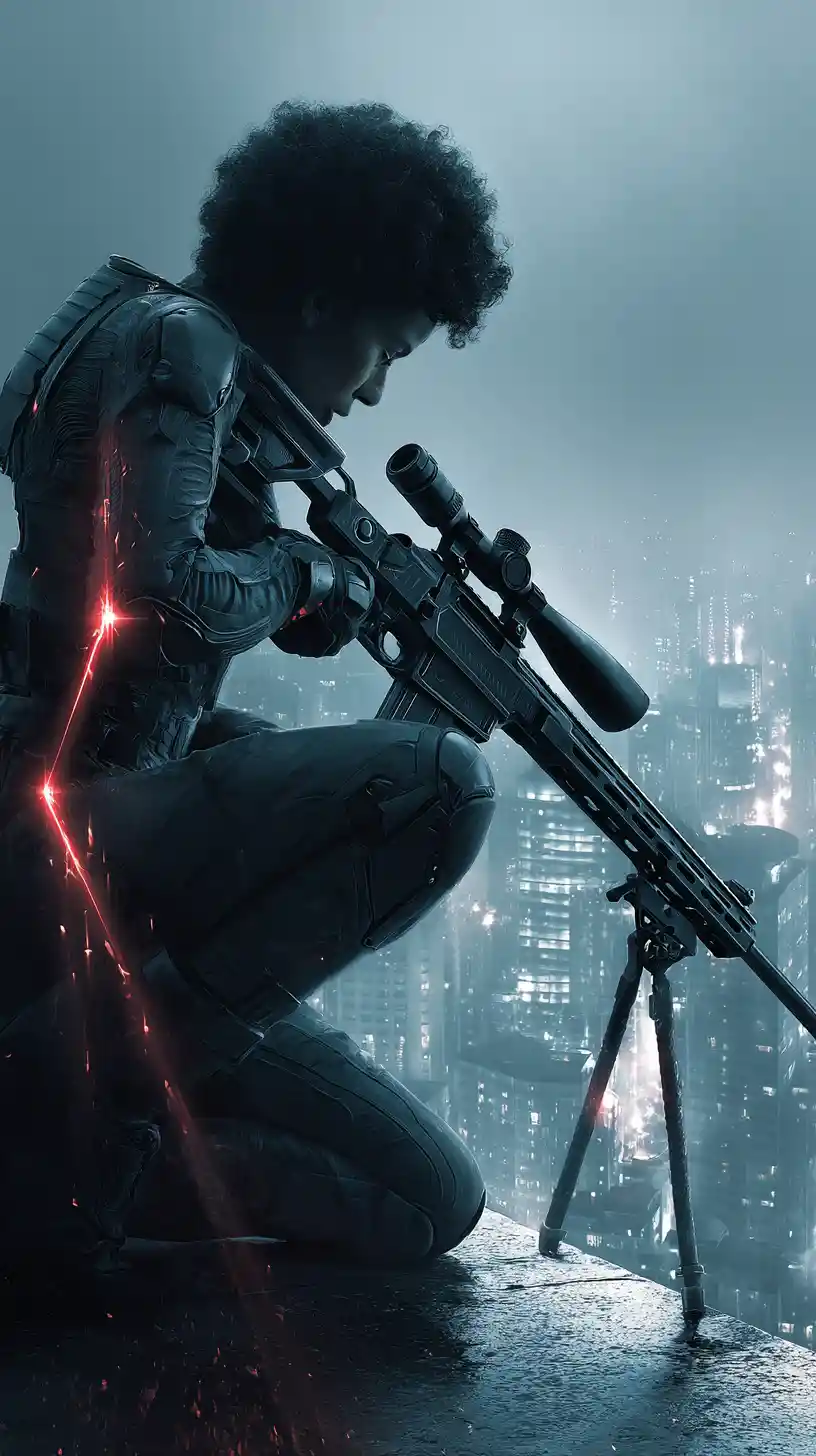 Afrofuturistic sniper on rainy Moscow rooftop in neon light