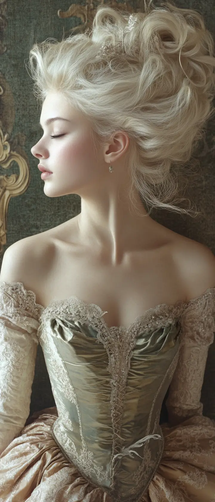 Donna rococò in abito di raso con capelli al vento