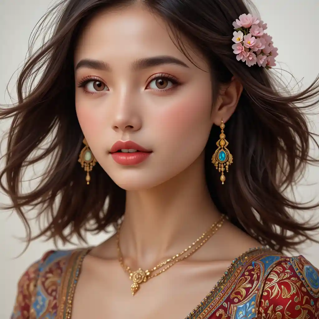 Glamorous young woman with floral hair and jeweled neckline