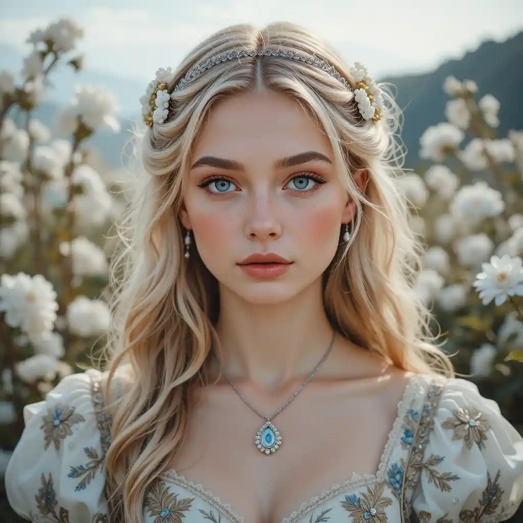 Romantic close up portrait of a blonde girl with flowers