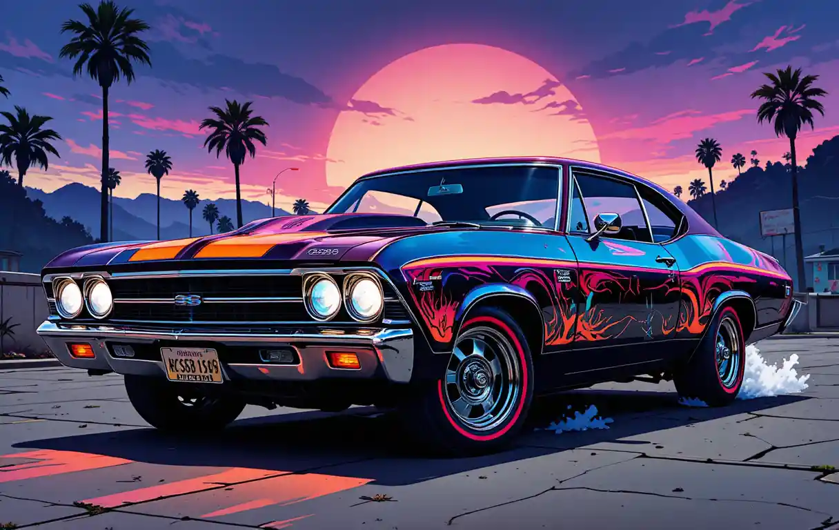 Colorful neon muscle car digital illustration with bold lines