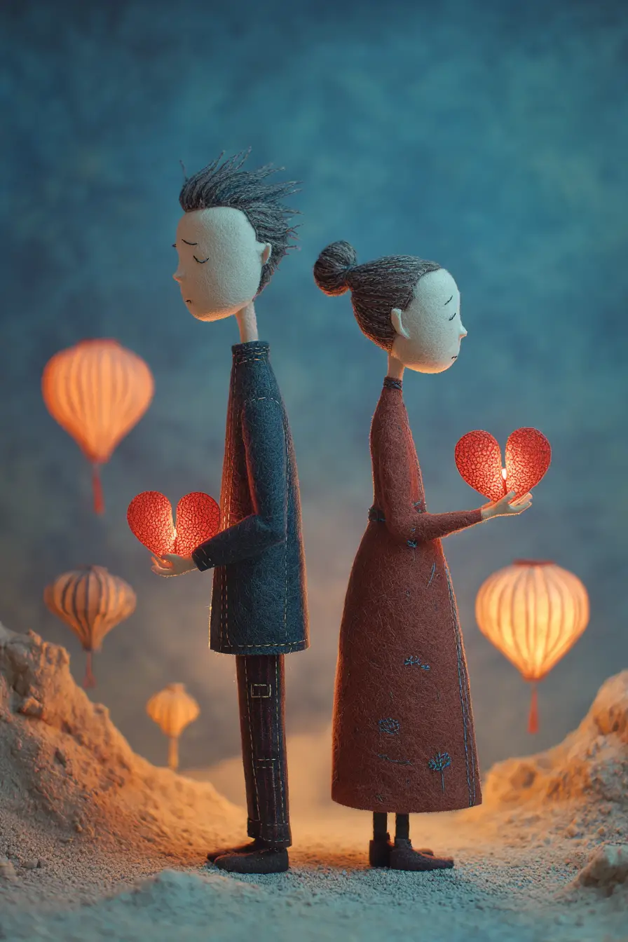 Couple Holding Broken Glowing Heart In Surreal Indigo Landscape