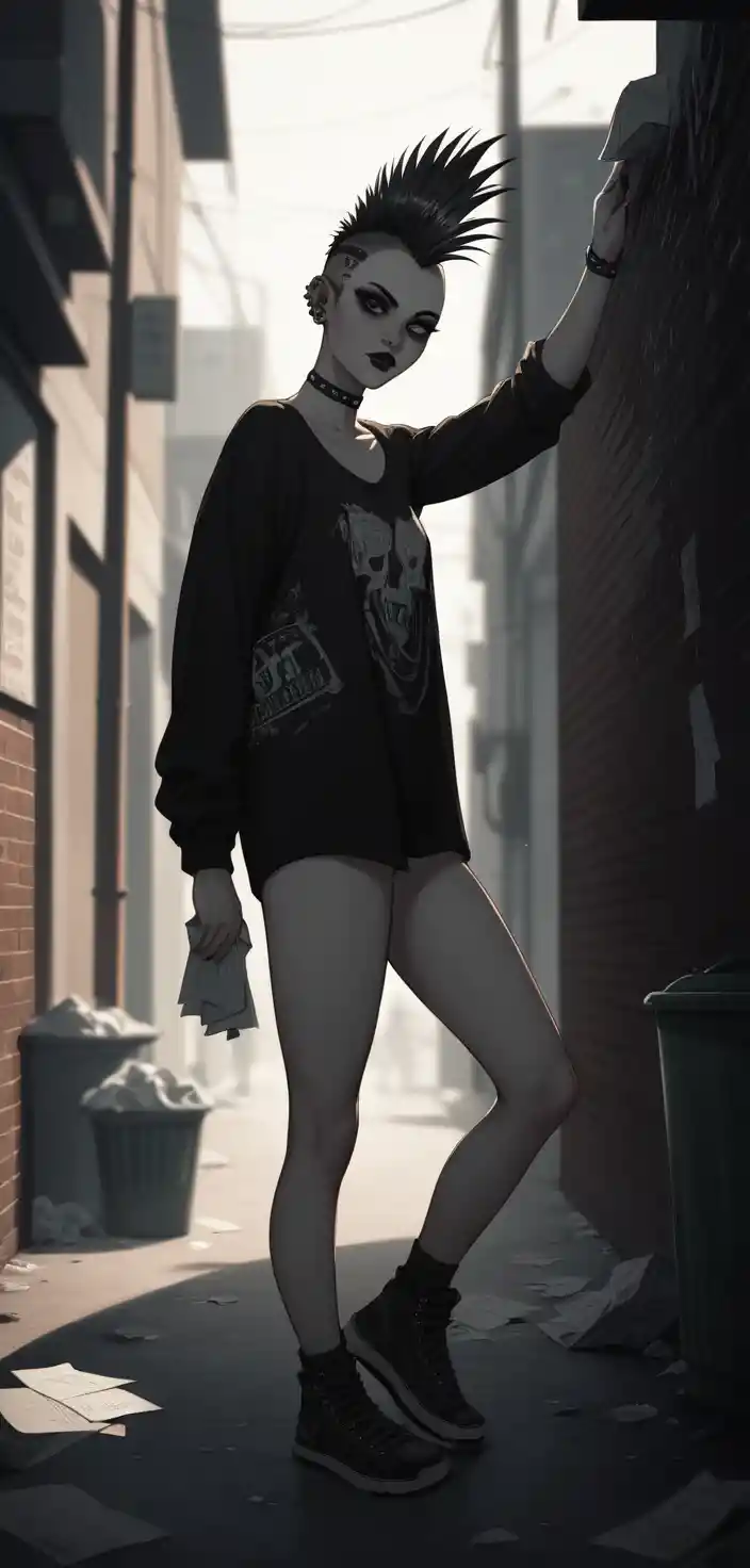 Punk woman with mohawk in moody film noir alley