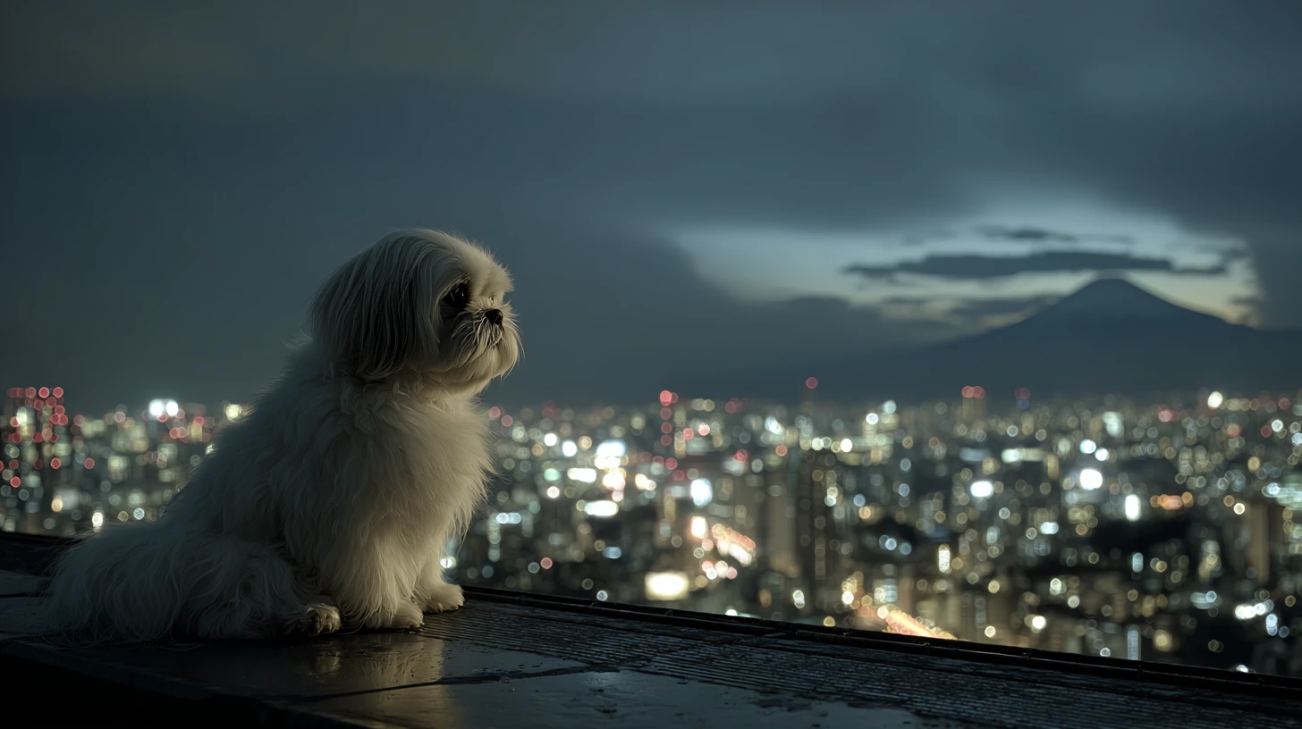 Weißer Shih Tzu auf einem regennassen Dach in Tokio um Mitternacht
