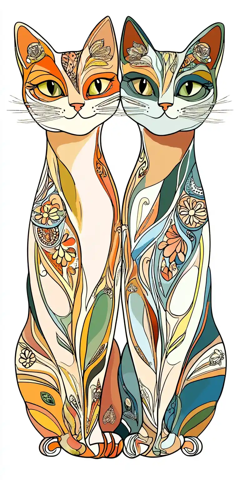 Due gatti stilizzati con motivi in un design folk art simmetrico
