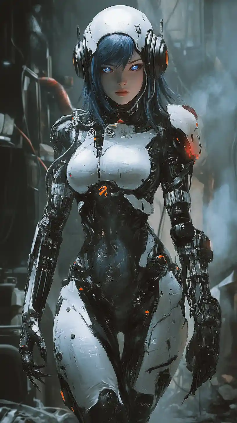 Cyborg anime heroine crying amid steampunk industrial ruins