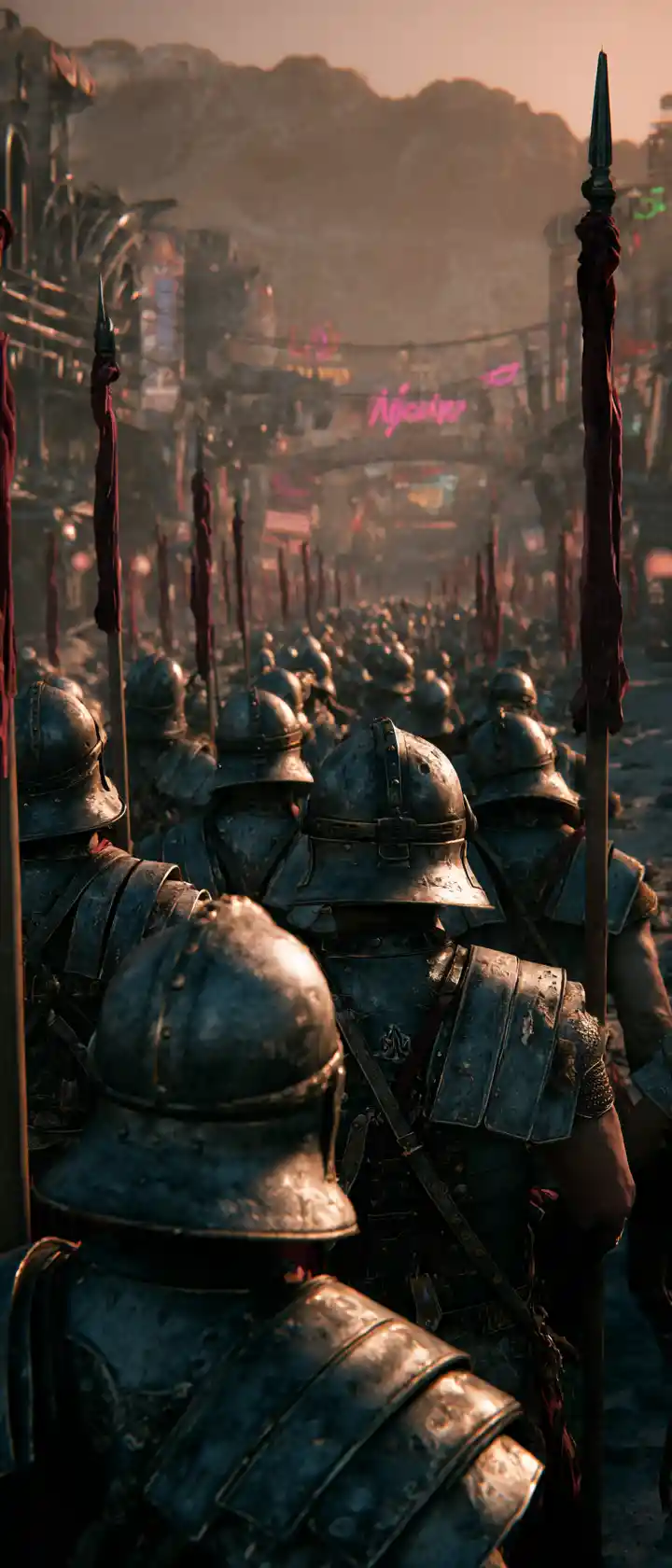 Roman legion marches through ruined Las Vegas at dusk