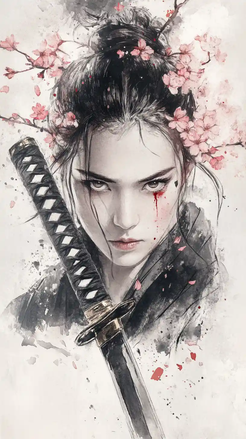 Stoic female samurai with katana in ink wash style