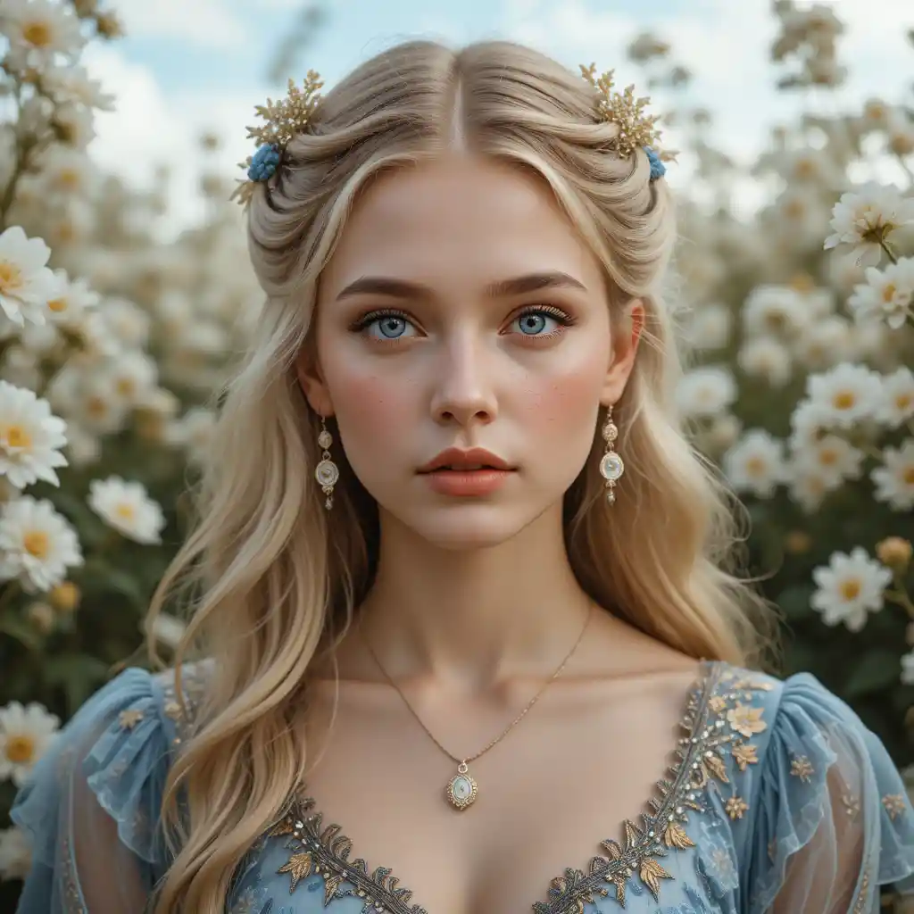 Young blonde woman in floral dress with soft romantic light