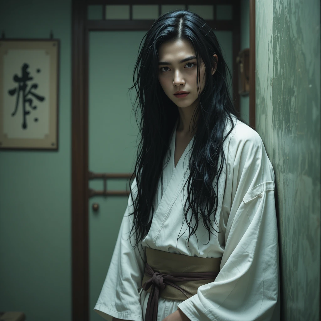 Young Japanese man in white kimono against green wall