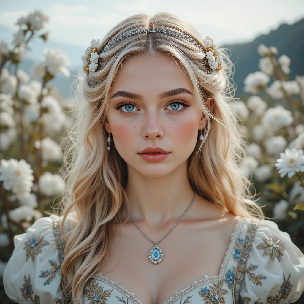 Romantic close up portrait of a blonde girl with flowers