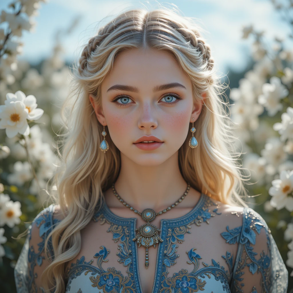 Ragazza bionda in abito floreale decorato tra fiori bianchi