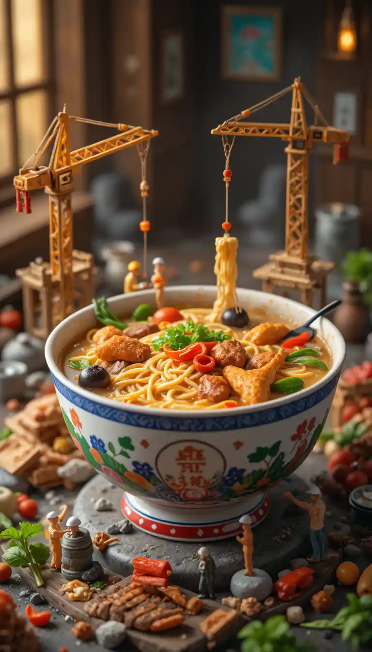 Riesige chinesische Hühnernudelsuppe als Miniatur-Arbeiter-Diorama