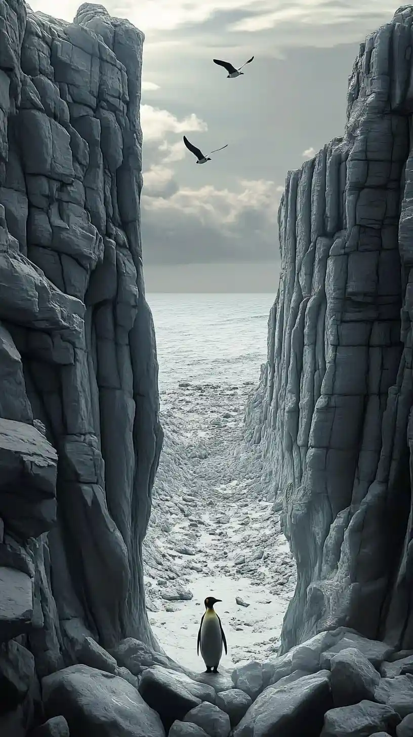 Surreal penguin illusion in a strange abstract scene