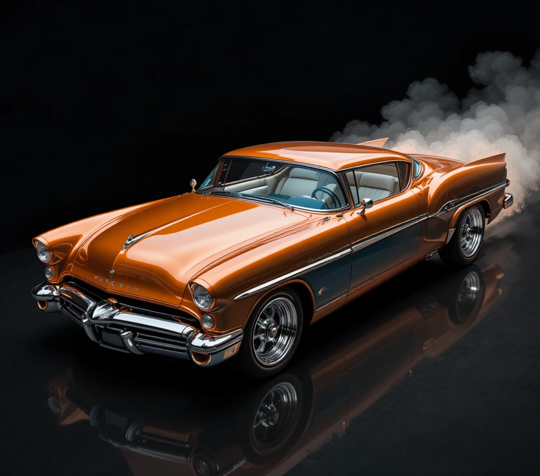 Retro-Custom-Car von 1955 mit Chromrädern vor schwarzem Hintergrund
