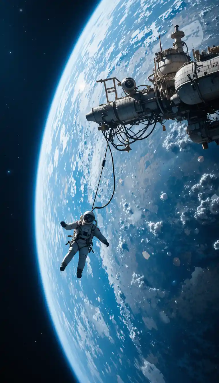 Estación espacial orbitando un planeta azul con un cosmonauta flotando