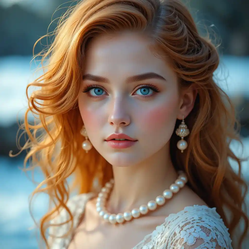 Young woman with blue eyes and wavy orange hair