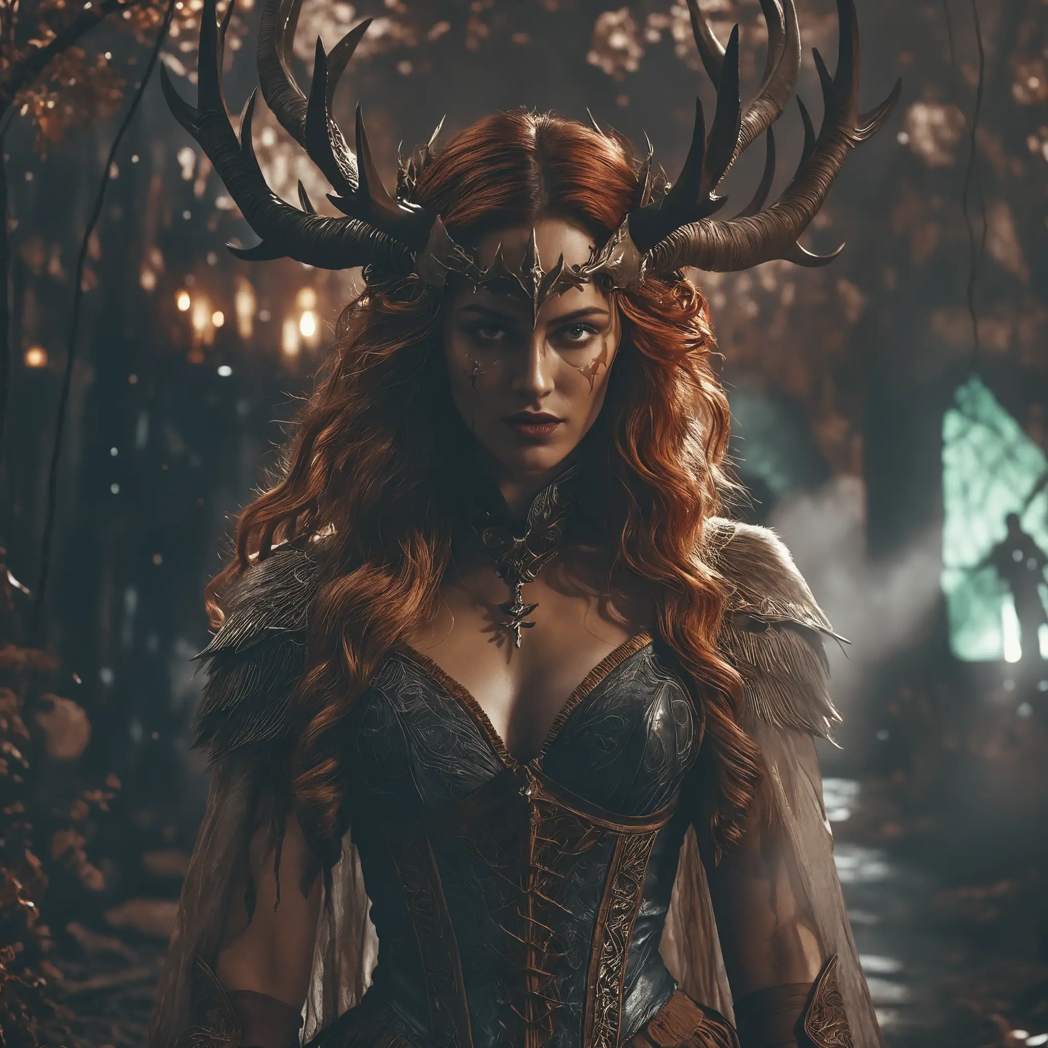 Gothic fantasy woman standing in moonlit cinematic scene